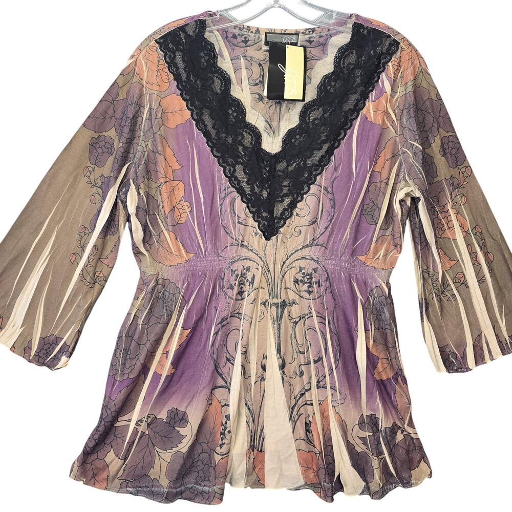 JTB Purple Black Lace Shirt NEW Elastic Fitted Waist V-Neck 3/4 Sleeves Womens L